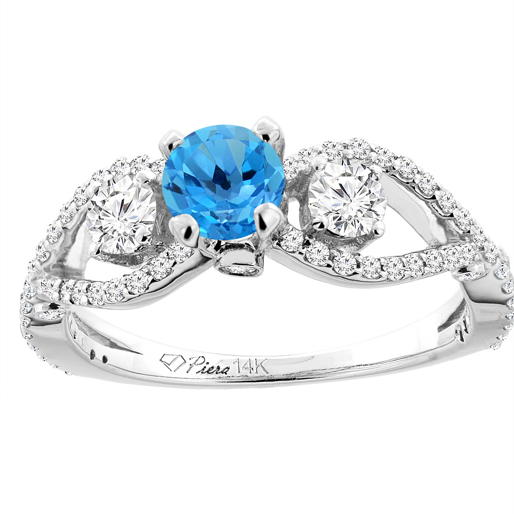 14K White Gold Natural Swiss Blue Topaz &amp; Diamond Ring Round 6 mm, sizes 5-10