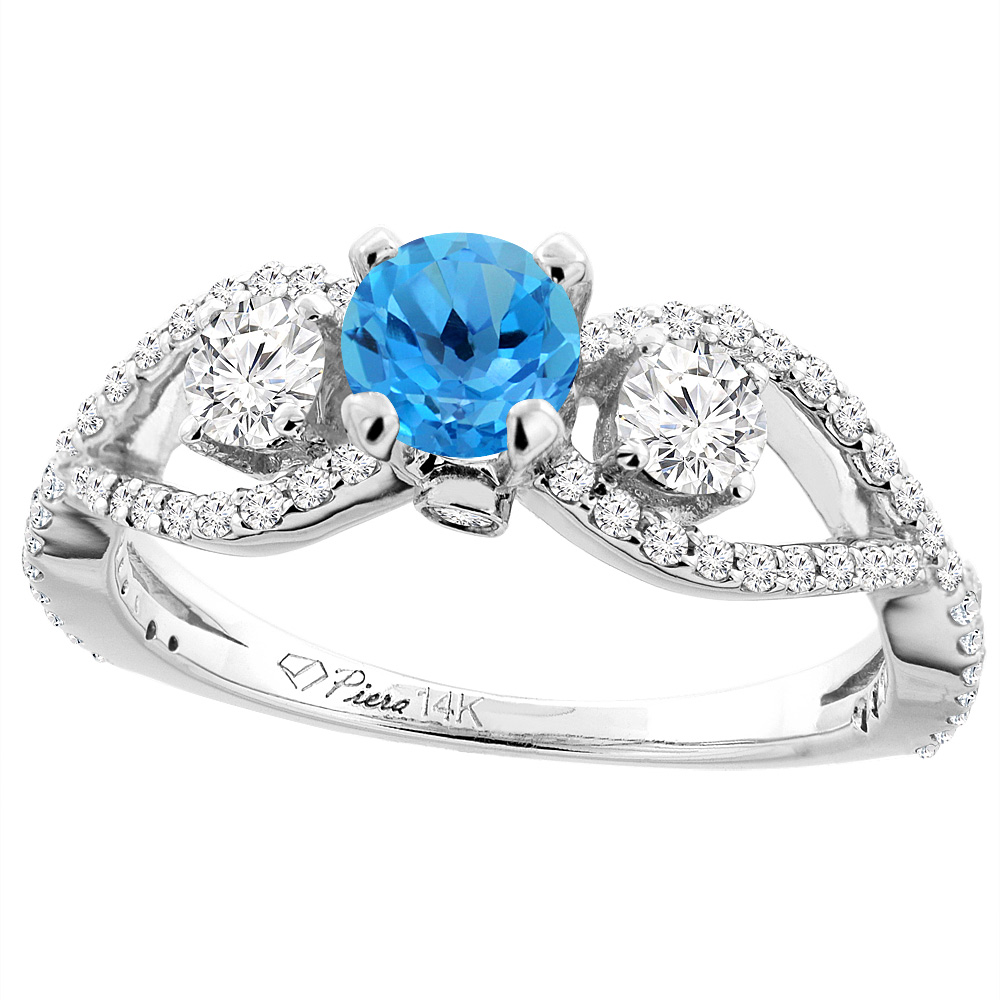 14K White Gold Natural Swiss Blue Topaz & Diamond Ring Round 6 mm, sizes 5-10