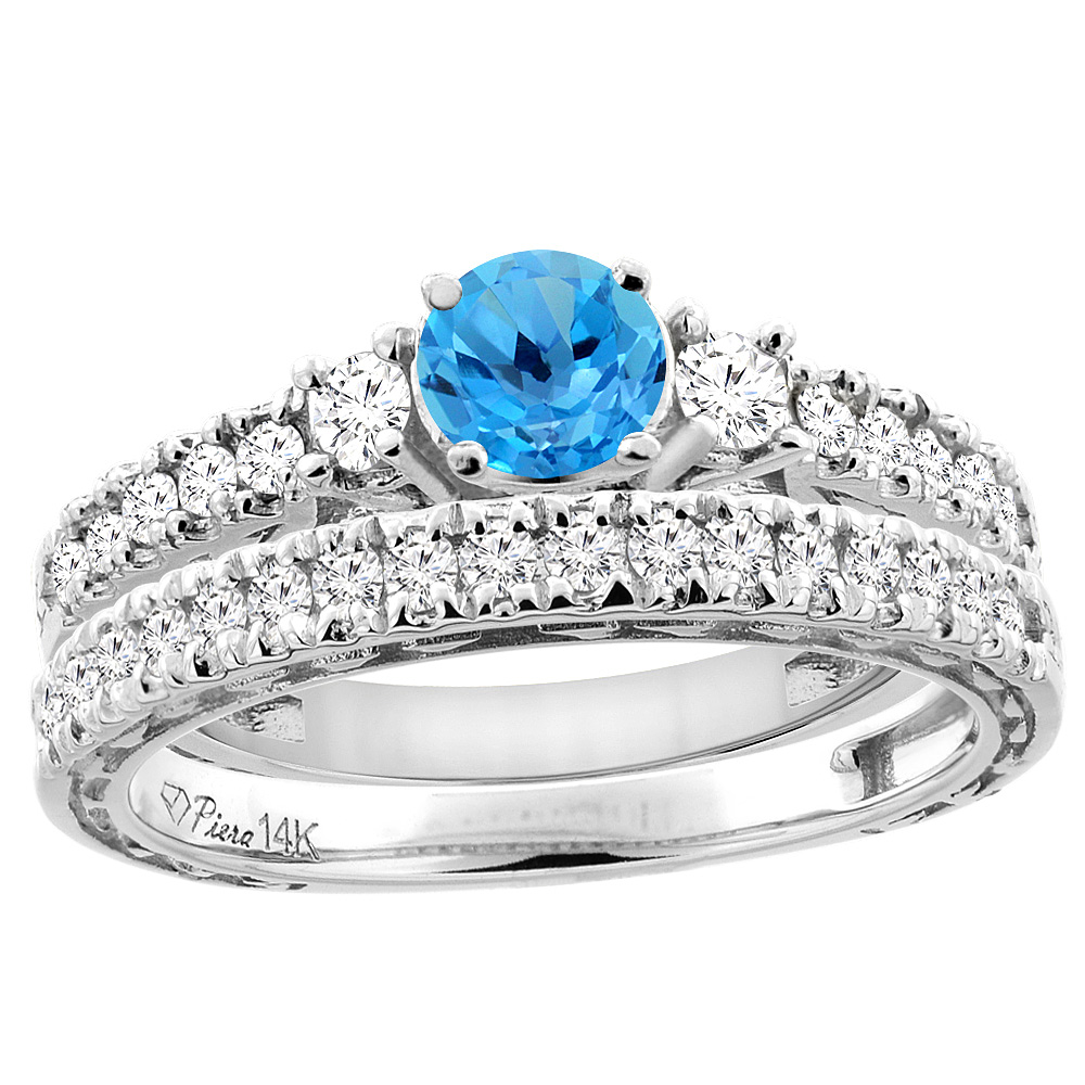 14K Yellow Gold Diamond Natural Swiss Blue Topaz Engagement 2-pc Ring Set Engraved Round 6 mm, sizes 5 - 10