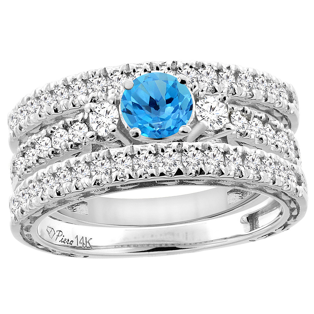 14K Yellow Gold Diamond Natural Swiss Blue Topaz Engagement 3-pc Ring Set Engraved Round 6 mm, sizes 5 - 10