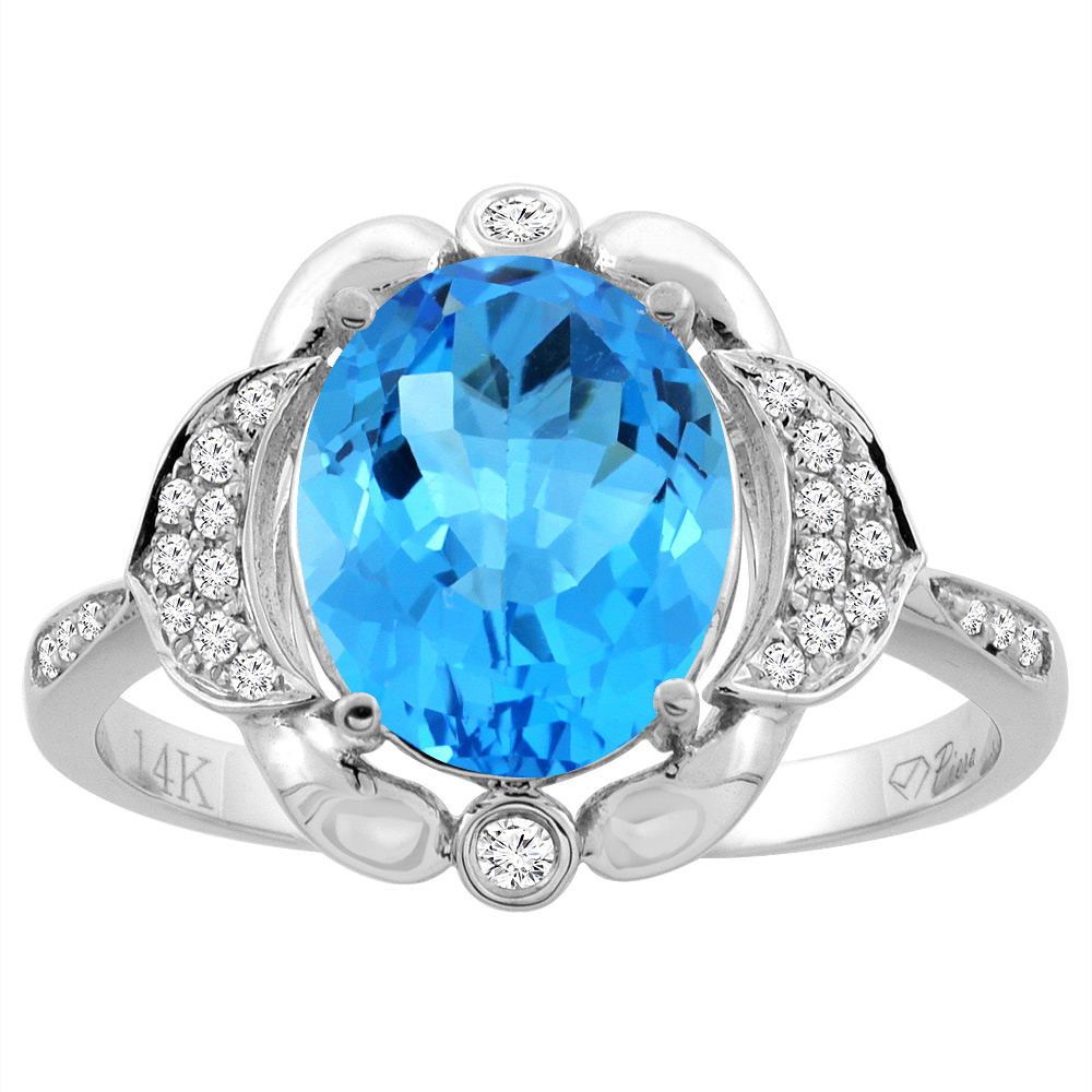 14K White Gold Diamond Natural Swiss Blue Topaz Engagement Ring Oval 10x8mm, sizes 5-10