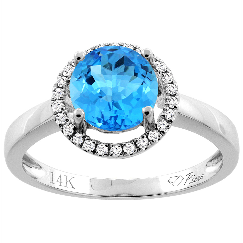 14K Gold Natural Swiss Blue Topaz Ring Round 7 mm Diamond Accents, sizes 5 - 10