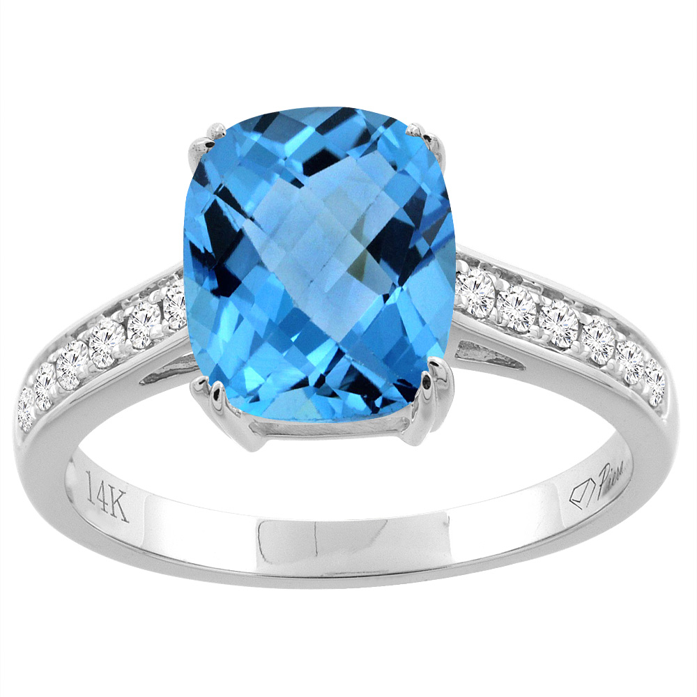 14K Gold Natural Swiss Blue Topaz Ring Cushion Cut 9x7 mm Diamond Accents, sizes 5 - 10