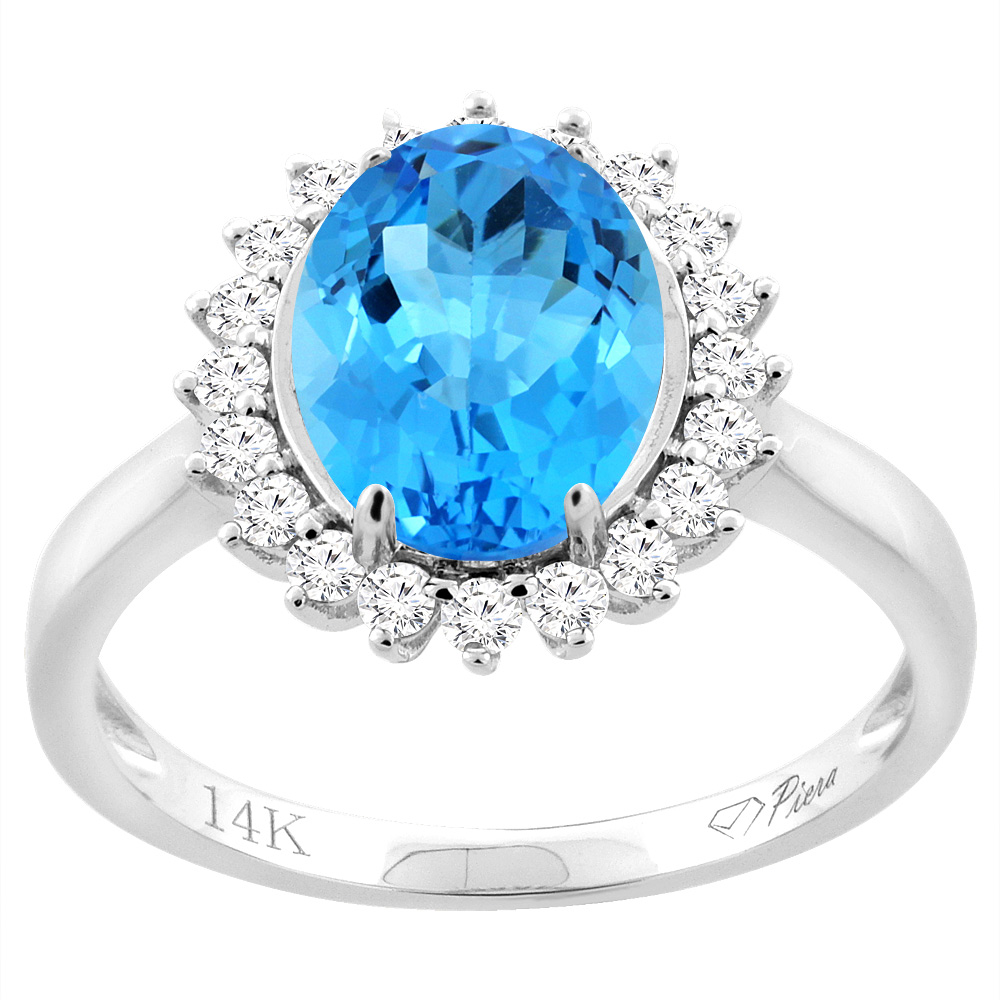 14K White Gold Diamond Natural Swiss Blue Topaz Engagement Ring Oval 10x8mm, sizes 5-10