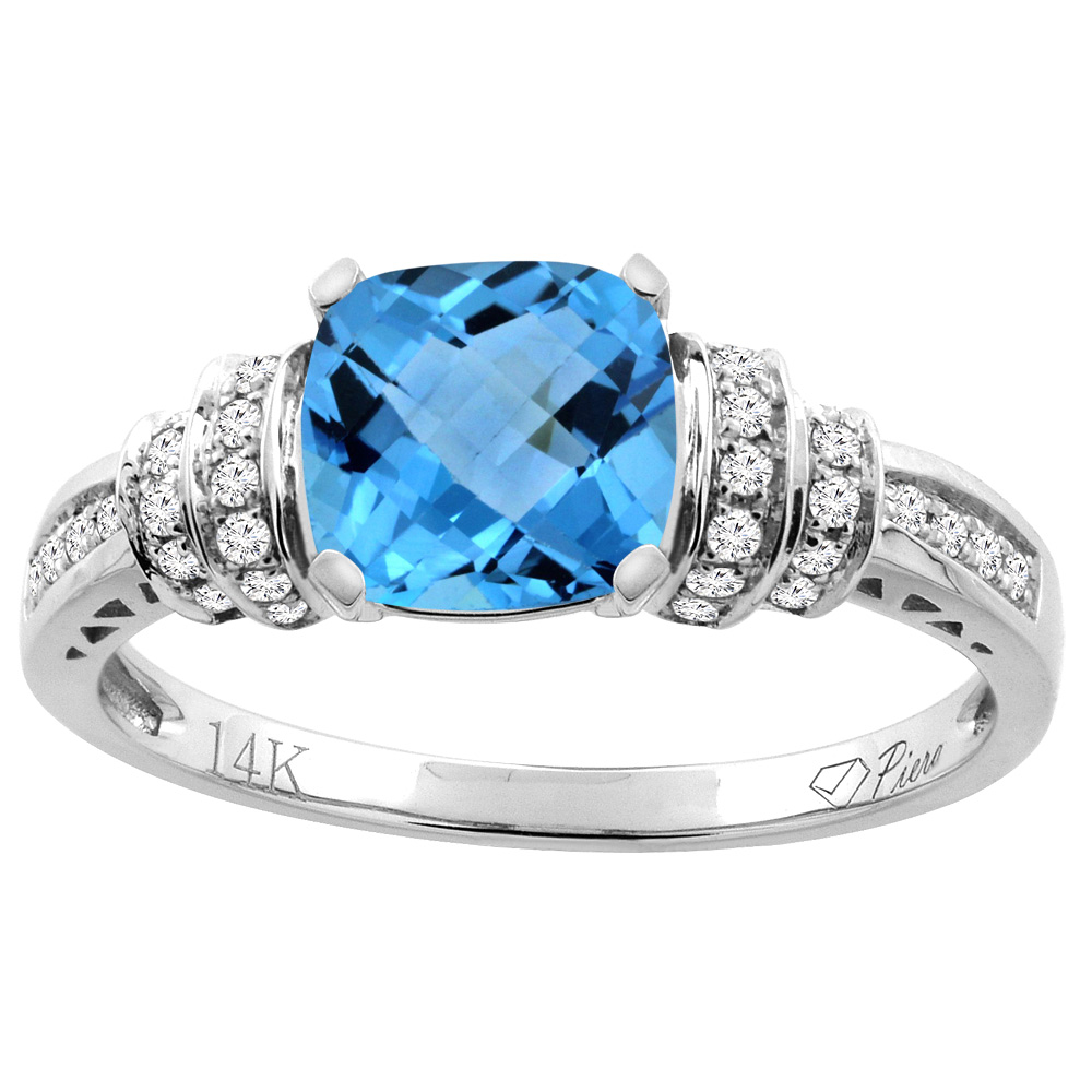 14K Gold Natural Swiss Blue Topaz Ring Cushion Cut 7x7 mm Diamond Accents, sizes 5 - 10