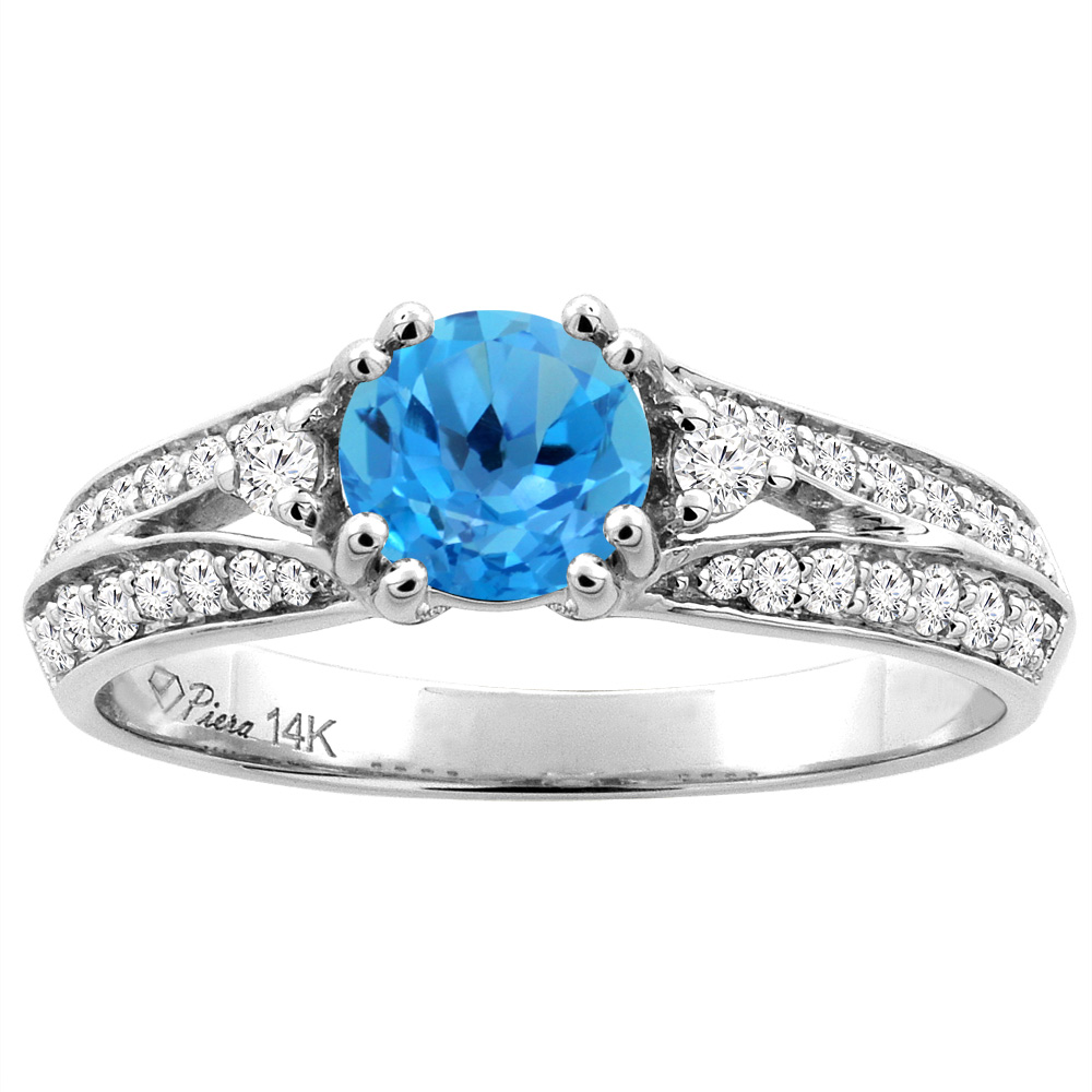 14K White Gold Natural Swiss Blue Topaz Engagement Ring Round 6 mm & Diamond Accents, sizes 5 - 10