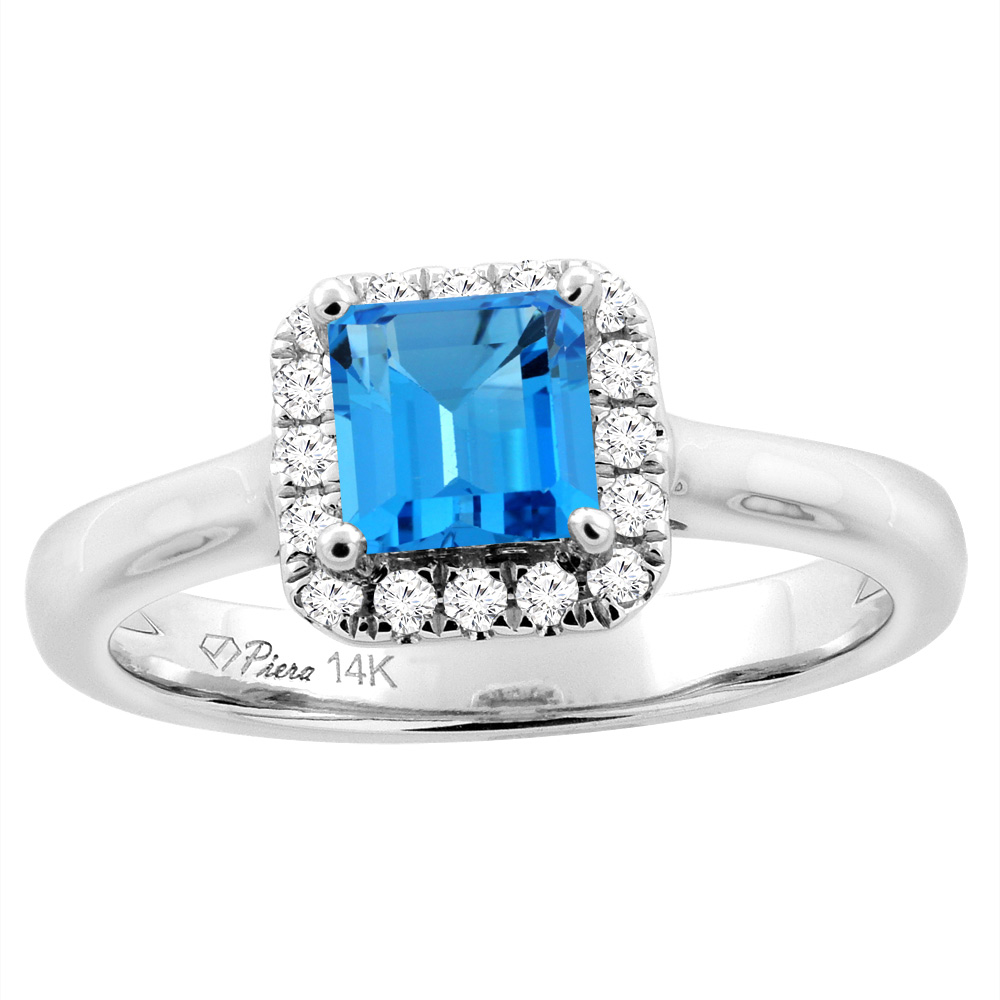 14K White Gold Natural Aquamarine Halo Engagement Ring Square 5 mm &amp; Diamond Accents, sizes 5 - 10