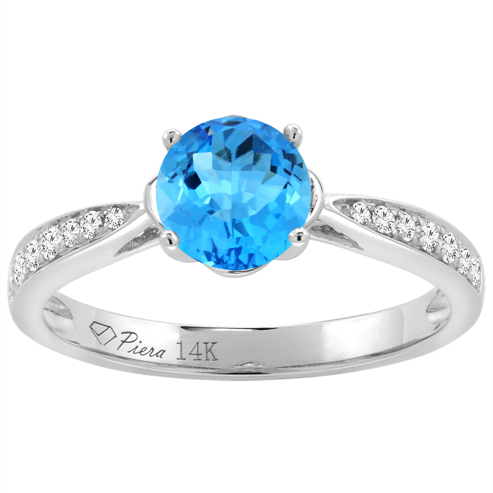 14K Yellow Gold Diamond Natural Swiss Blue Topaz Engagement Ring Round 7 mm, sizes 5-10