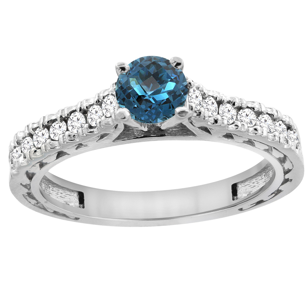 14K White Gold Natural London Blue Topaz Round 5mm Engraved Engagement Ring Diamond Accents, sizes 5 - 10