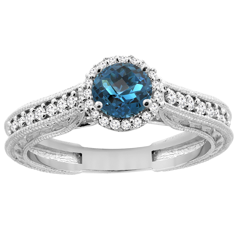 14K White Gold Natural London Blue Topaz Round 5mm Engraved Engagement Ring Diamond Accents, sizes 5 - 10