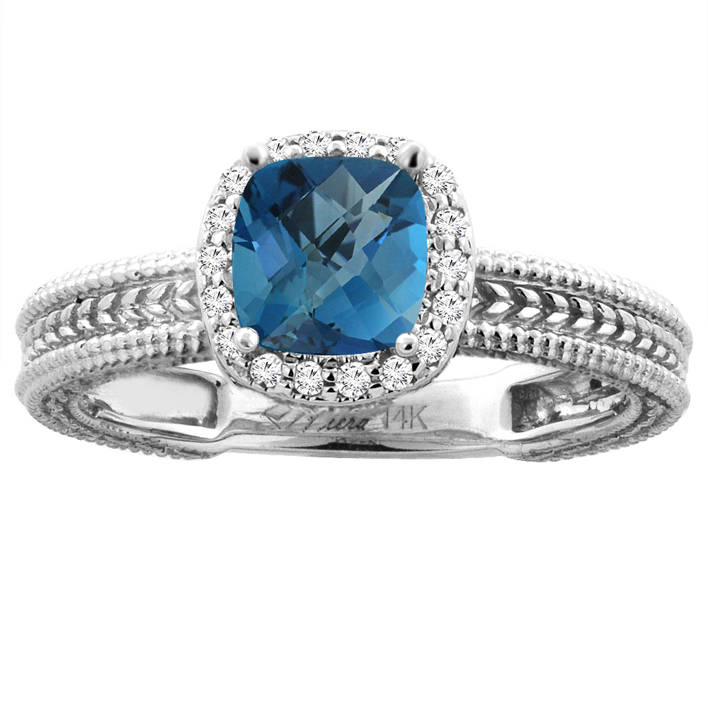 14K Yellow Gold Diamond Natural London Blue Topaz Engagement Ring Cushion 7x7 mm, sizes 5-10