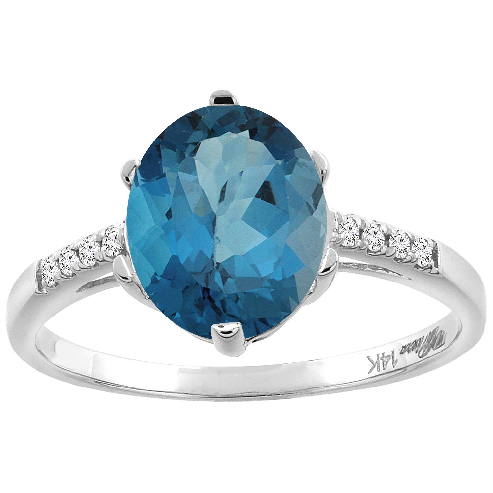 14K White Gold Natural London Blue Topaz & Diamond Ring Oval 10x8 mm, sizes 5-10