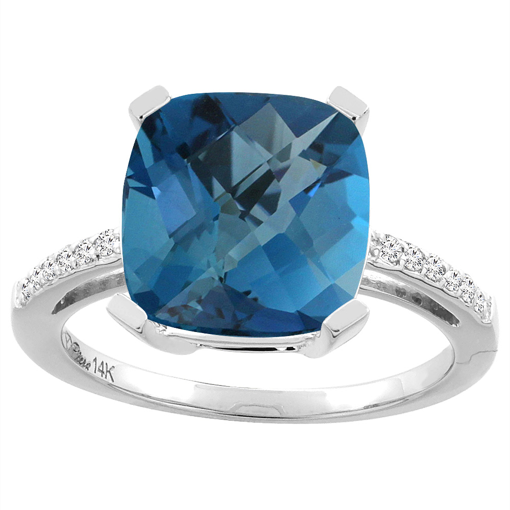 14K White Gold Natural London Blue Topaz & Diamond Ring Cushion-cut 12x10 mm, sizes 5-10