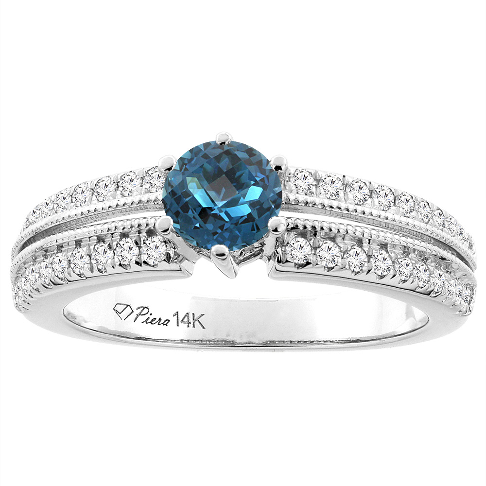 14K White Gold Natural London Blue Topaz &amp; Diamond Ring Round 6 mm, sizes 5-10