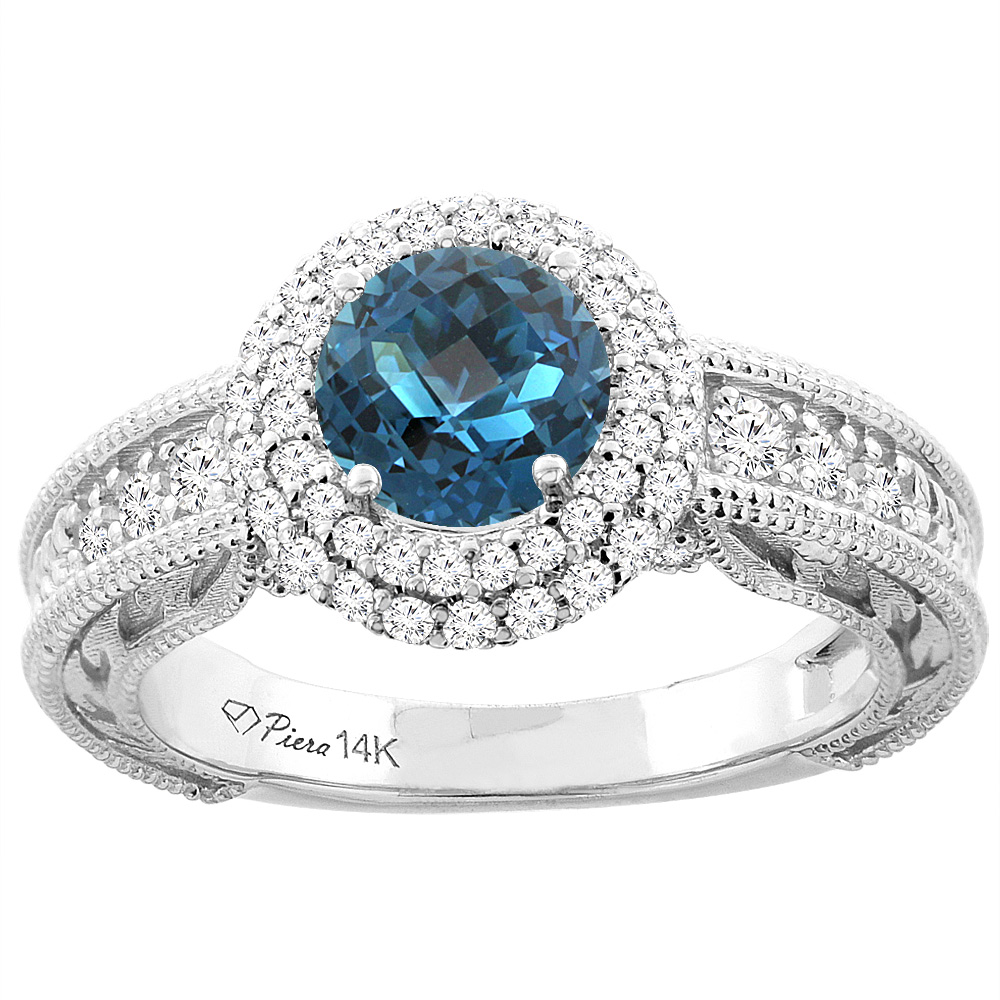 14K White Gold Natural London Blue Topaz & Diamond Halo Ring Round 6 mm, sizes 5-10