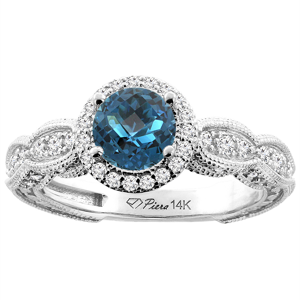 14K White Gold Natural London Blue Topaz & Diamond Halo Ring Round 6 mm, sizes 5-10