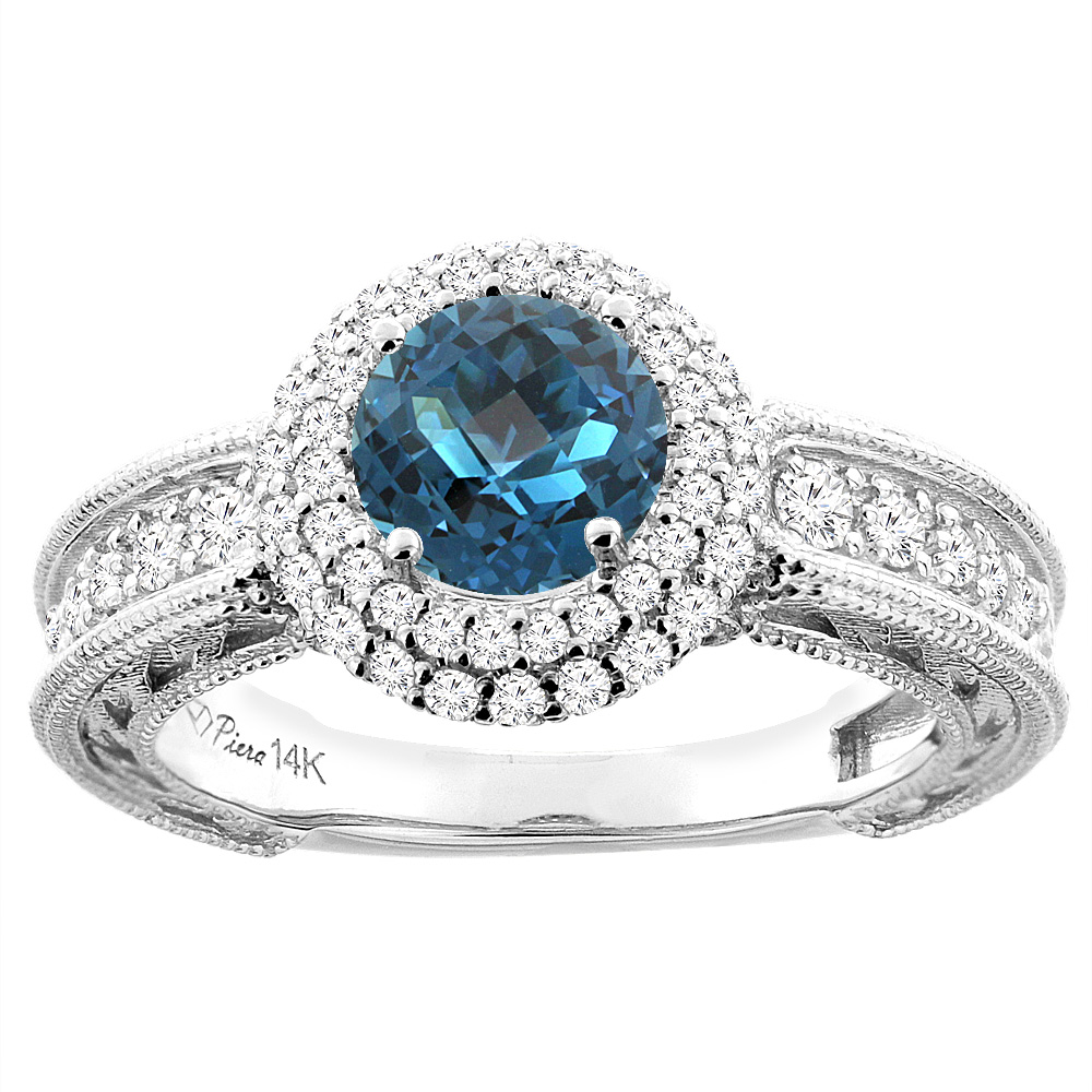 14K Yellow Gold Natural London Blue Topaz & Diamond Halo Ring Round 6 mm, sizes 5-10