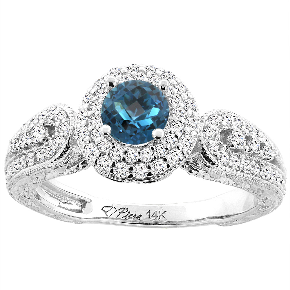 14K Yellow Gold Natural London Blue Topaz & Diamond Halo Ring Round 5 mm, sizes 5-10