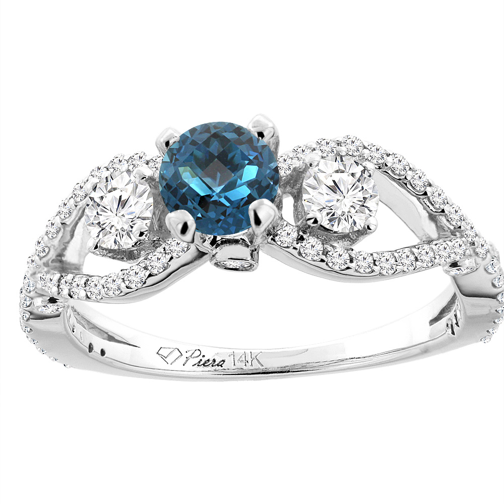 14K White Gold Natural London Blue Topaz & Diamond Ring Round 6 mm, sizes 5-10