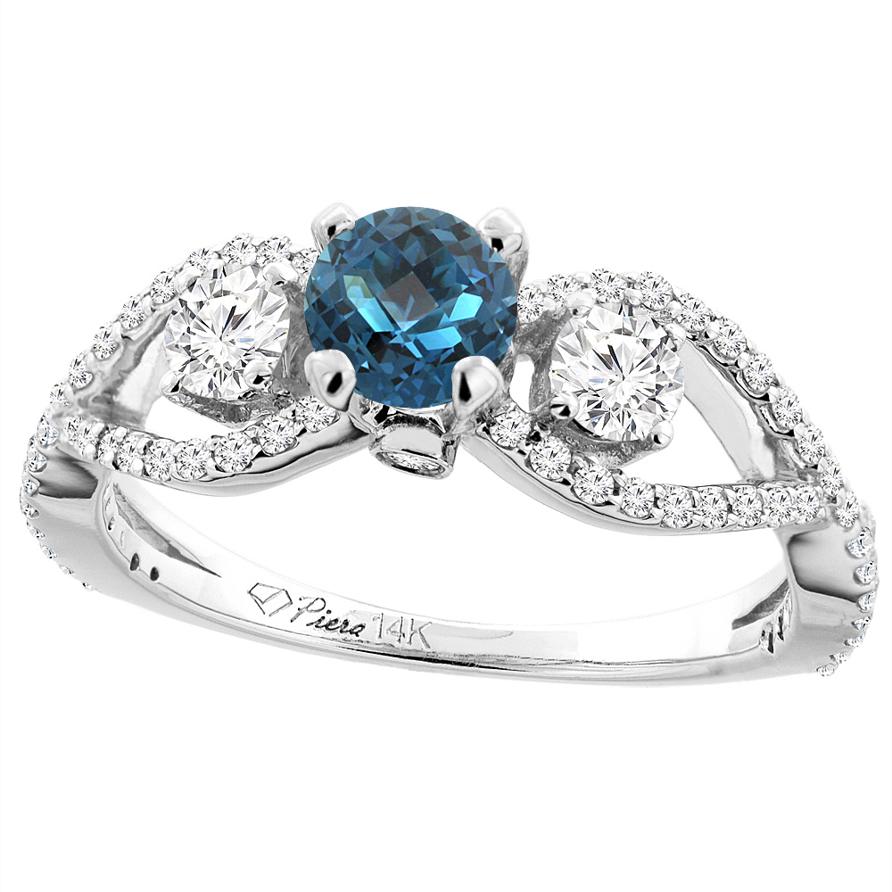 14K White Gold Natural London Blue Topaz & Diamond Ring Round 6 mm, sizes 5-10