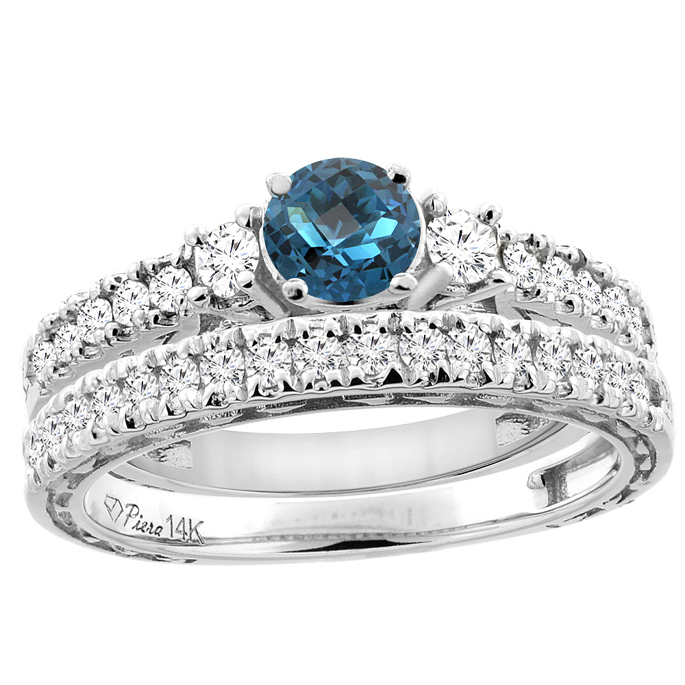 14K Yellow Gold Diamond Natural London Blue Topaz Engagement 2-pc Ring Set Engraved Round 6 mm, sizes 5 - 10