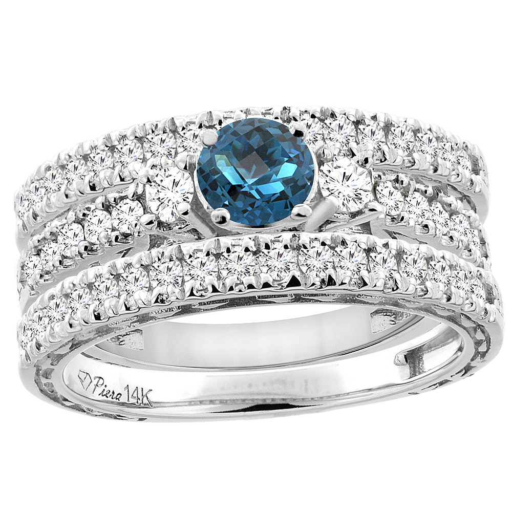 14K Yellow Gold Diamond Natural London Blue Topaz Engagement 3-pc Ring Set Engraved Round 6 mm, sizes 5 - 10