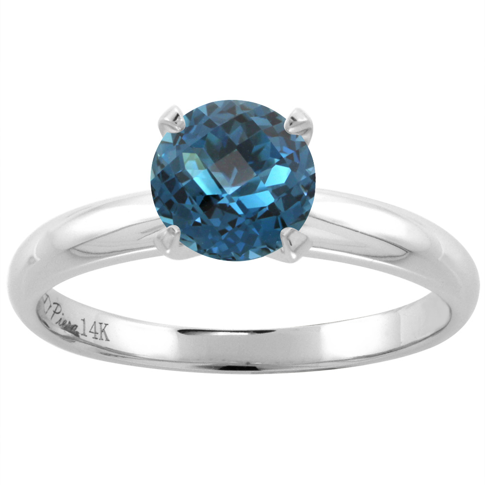 14K White Gold Natural London Blue Topaz Solitaire Engagement Ring Round 7 mm, sizes 5-10