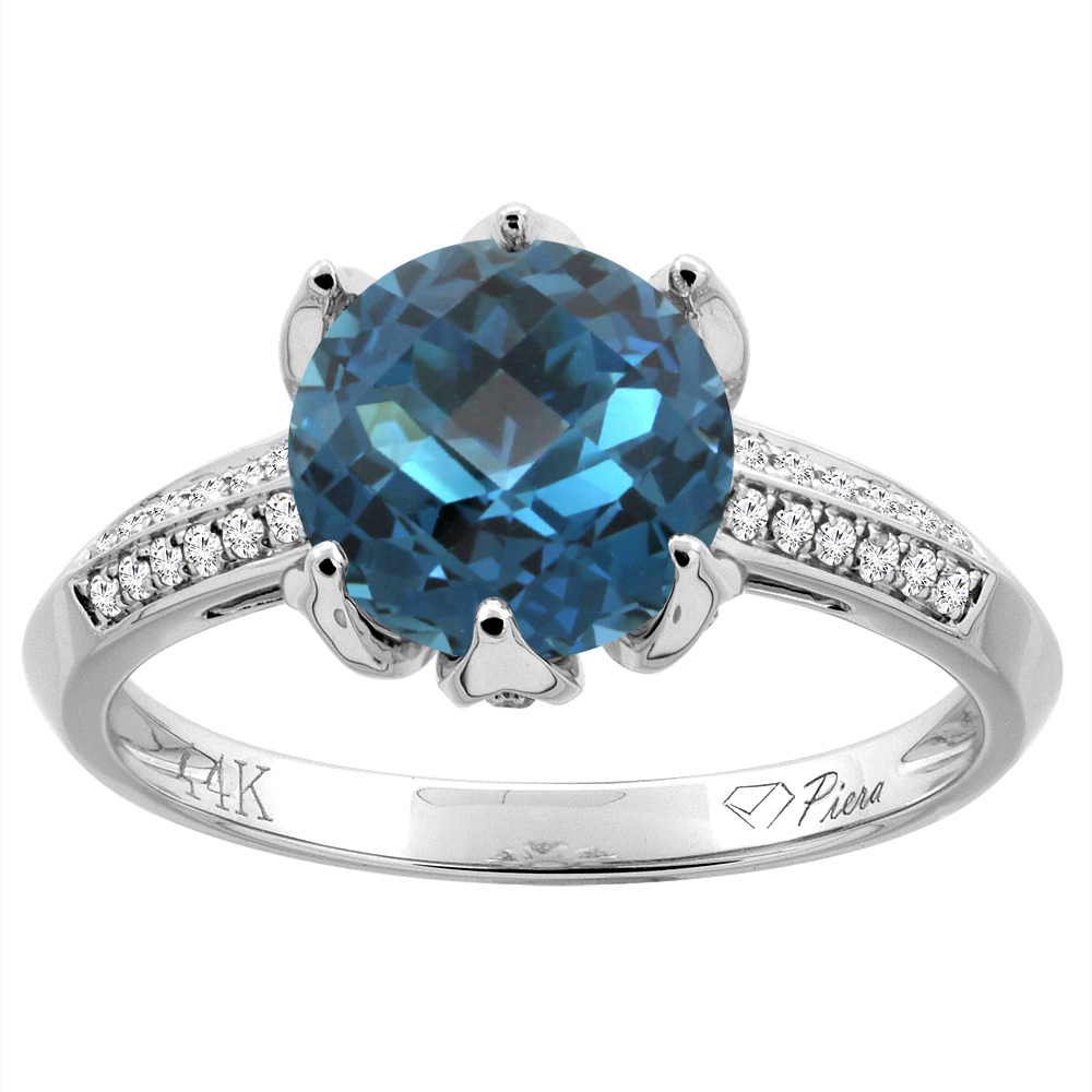 14K Gold Natural London Blue Topaz Ring Round 8 mm Diamond Accents, sizes 5 - 10