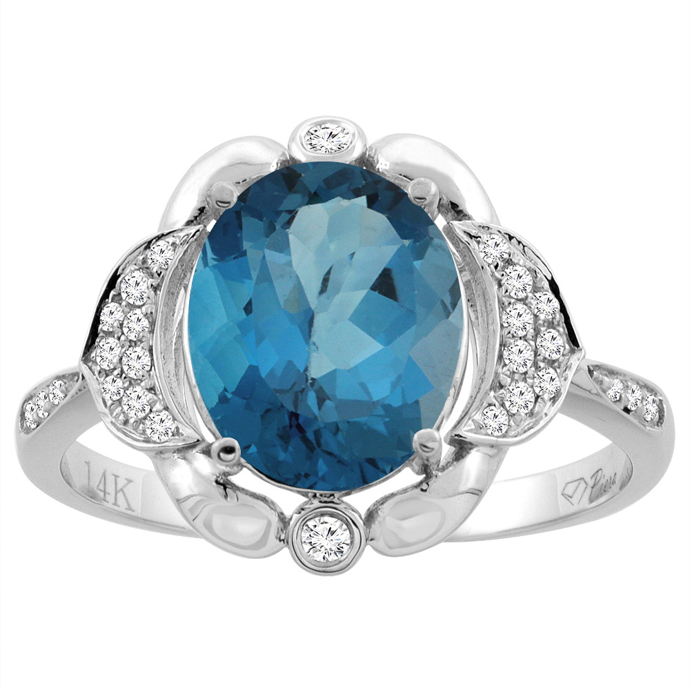 14K White Gold Diamond Natural London Blue Topaz Engagement Ring Oval 10x8mm, sizes 5-10