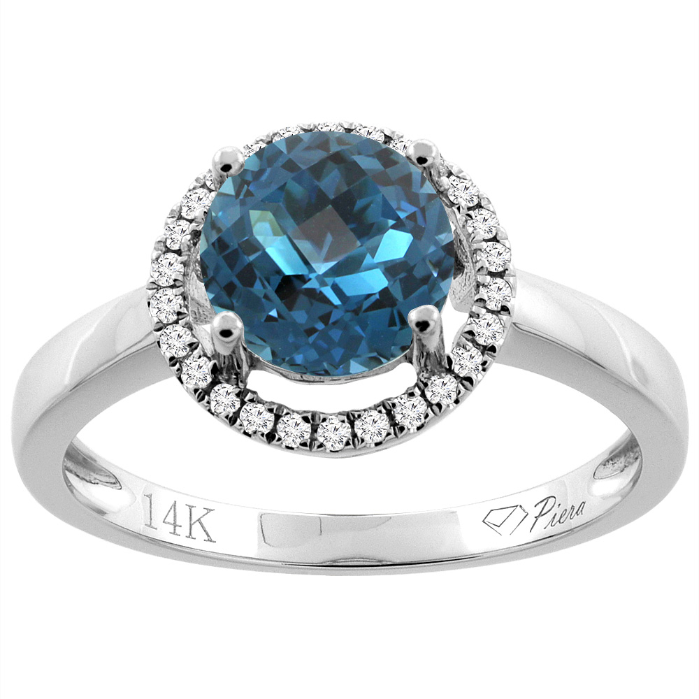 14K Gold Natural London Blue Topaz Ring Round 7 mm Diamond Accents, sizes 5 - 10