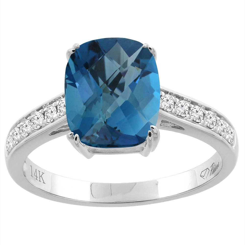 14K Gold Natural London Blue Topaz Ring Cushion Cut 9x7 mm Diamond Accents, sizes 5 - 10