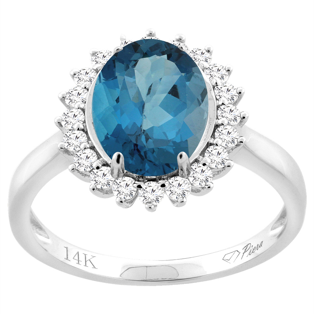 14K White Gold Diamond Natural London Blue Topaz Engagement Ring Oval 10x8mm, sizes 5-10