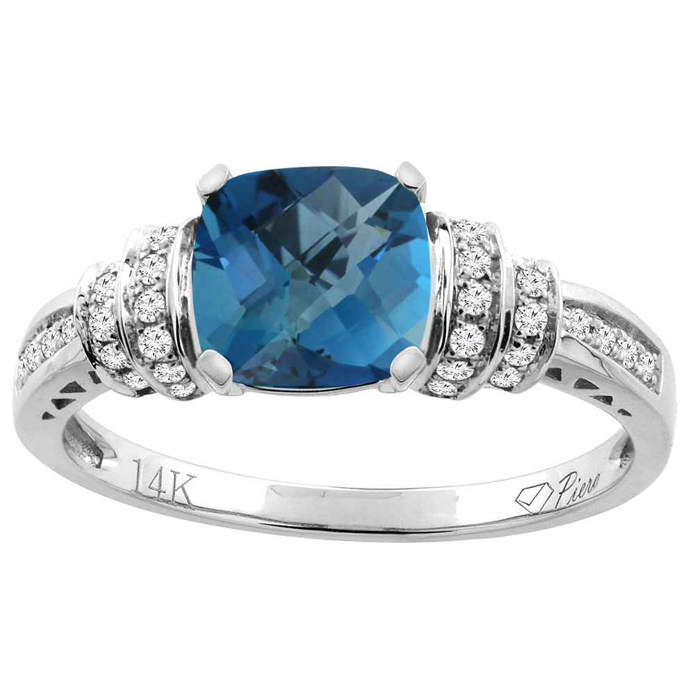 14K Gold Natural London Blue Topaz Ring Cushion Cut 7x7 mm Diamond Accents, sizes 5 - 10