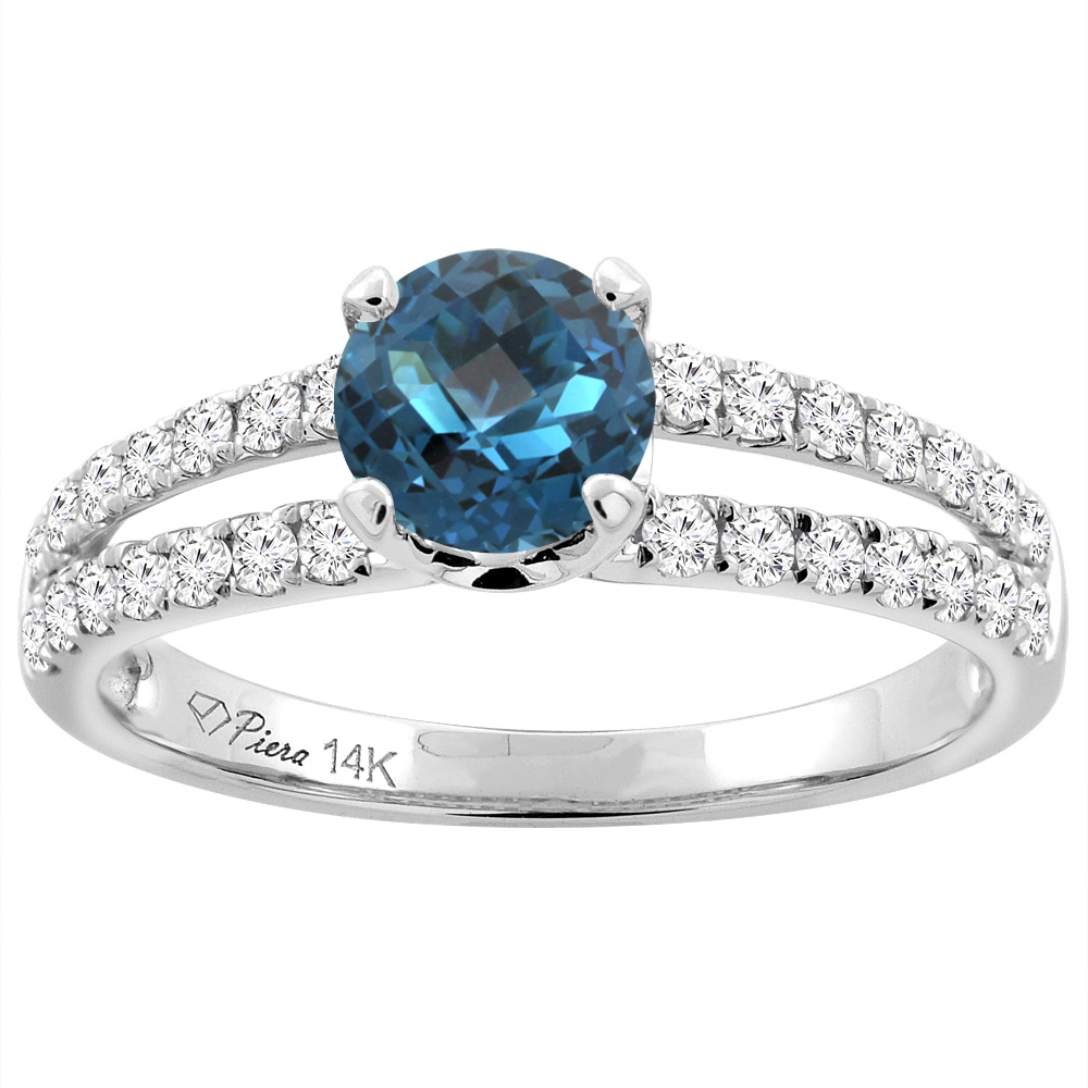 14K White Gold Natural London Blue Topaz Engagement Ring Round 6 mm Split Shank Diamond Accents, sizes 5 - 10