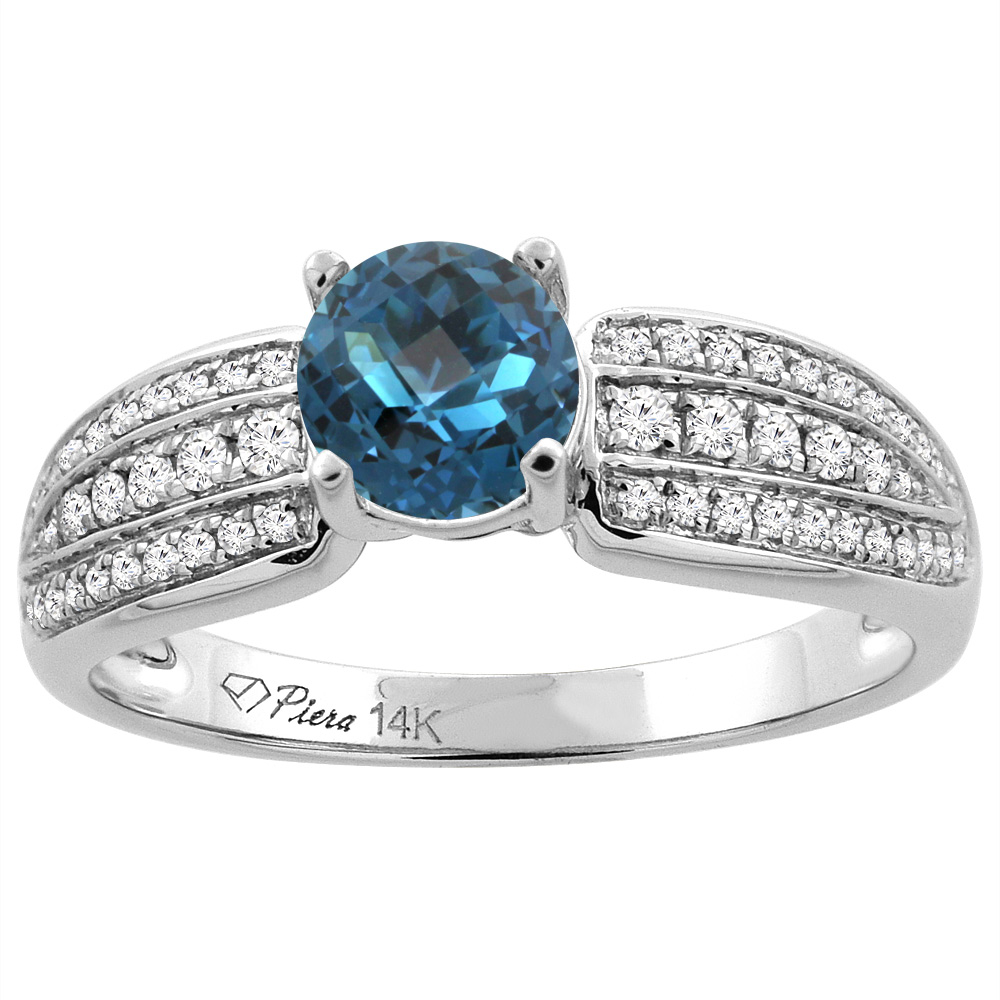 14K White Gold Natural London Blue Topaz Engagement Ring Round 6 mm 3-row Diamond Accents, sizes 5 - 10