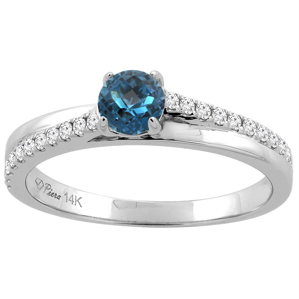 14K White Gold Natural London Blue Topaz Engagement Ring Round 5 mm & Diamond Accents, sizes 5 - 10