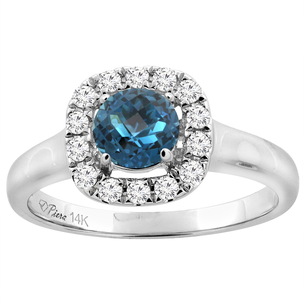 14K White Gold Natural London Blue Topaz Halo Engagement Ring Round 6 mm Diamond Accents, sizes 5 - 10