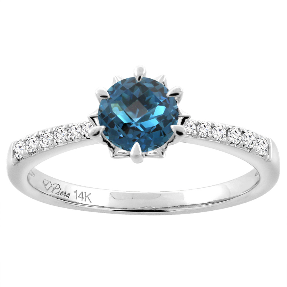 14K White Gold Natural London Blue Topaz Engagement Ring Round 6 mm &amp; Diamond Accents, sizes 5 - 10