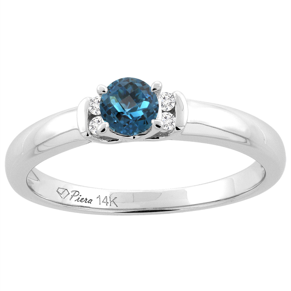 14K White Gold Natural London Blue Topaz Engagement Ring Round 4 mm & Diamond Accents, sizes 5 - 10