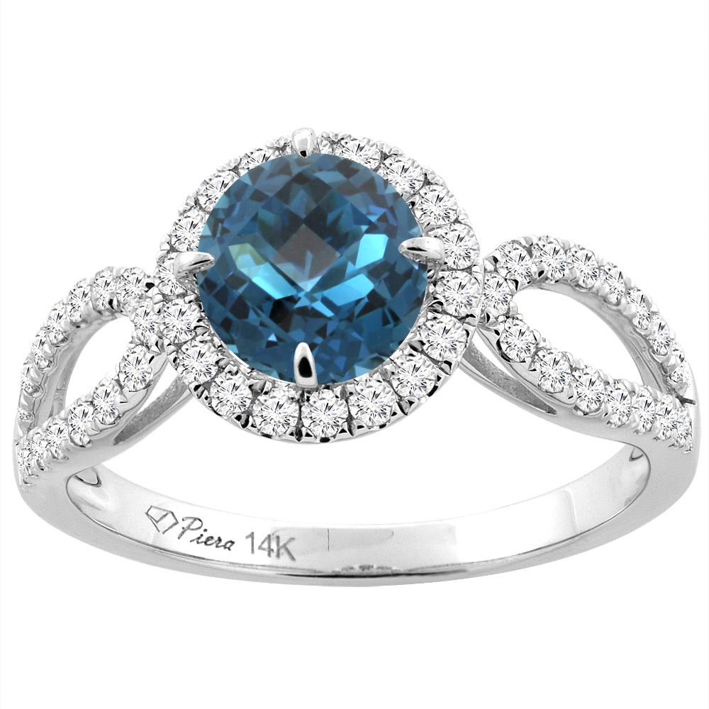 14K White Gold Natural London Blue Topaz Engagement Halo Ring Round 6 mm & Diamond Accents, sizes 5 - 10