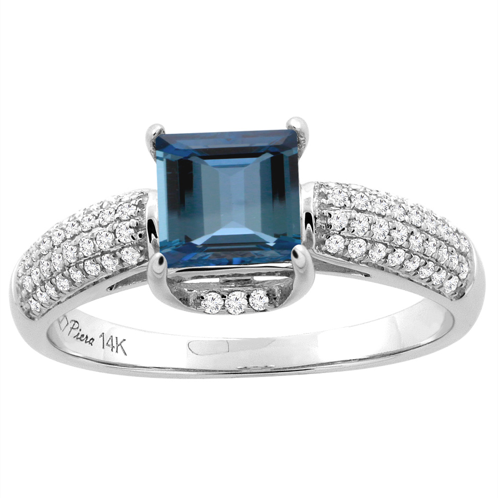 14K White Gold Natural London Blue Topaz Engagement Ring Square 6 mm & Diamond Accents, sizes 5 - 10
