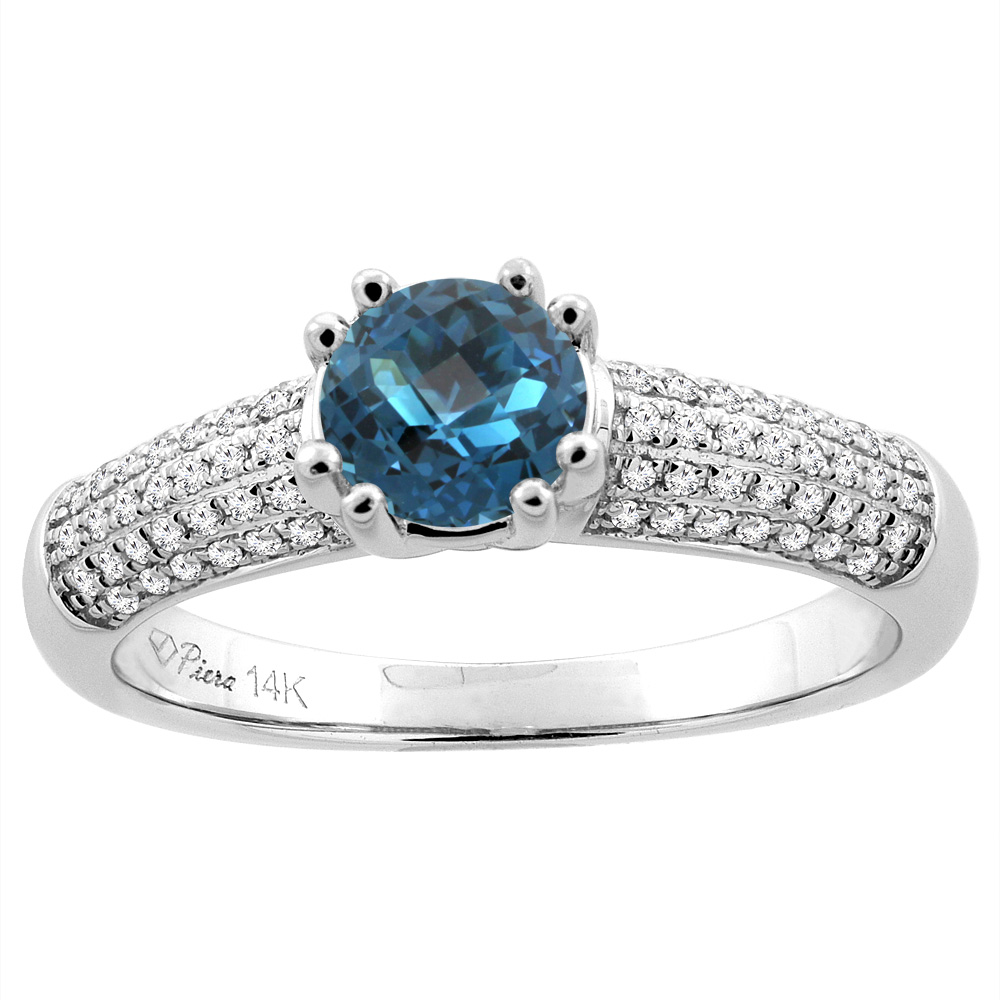 14K White Gold Natural London Blue Topaz Engagement Ring Round 6 mm & Diamond Accents, sizes 5 - 10