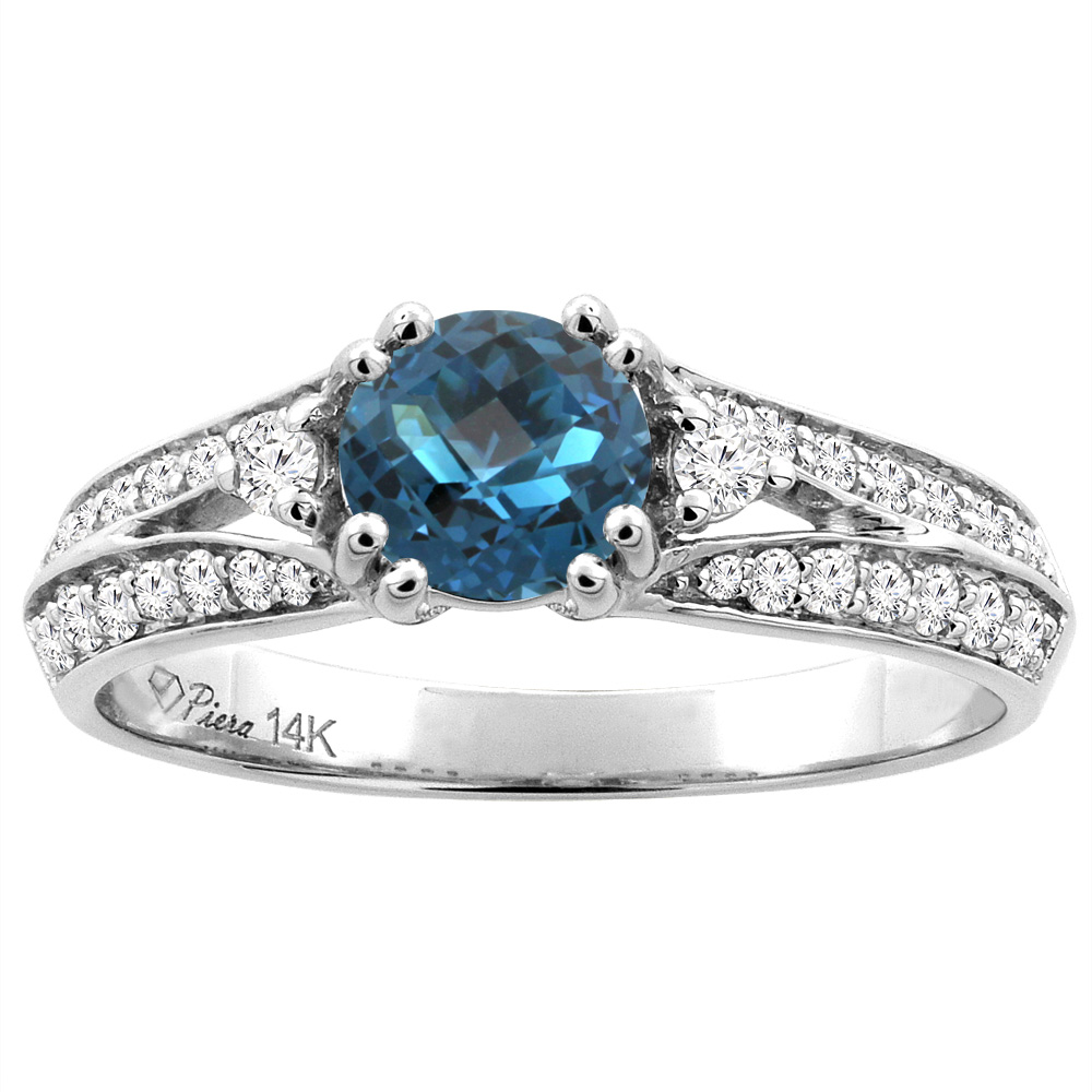 14K White Gold Natural London Blue Topaz Engagement Ring Round 6 mm & Diamond Accents, sizes 5 - 10