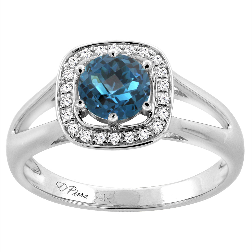 14K White Gold Natural London Blue Topaz Engagement Halo Ring Round 6 mm & Diamond Accents, sizes 5 - 10