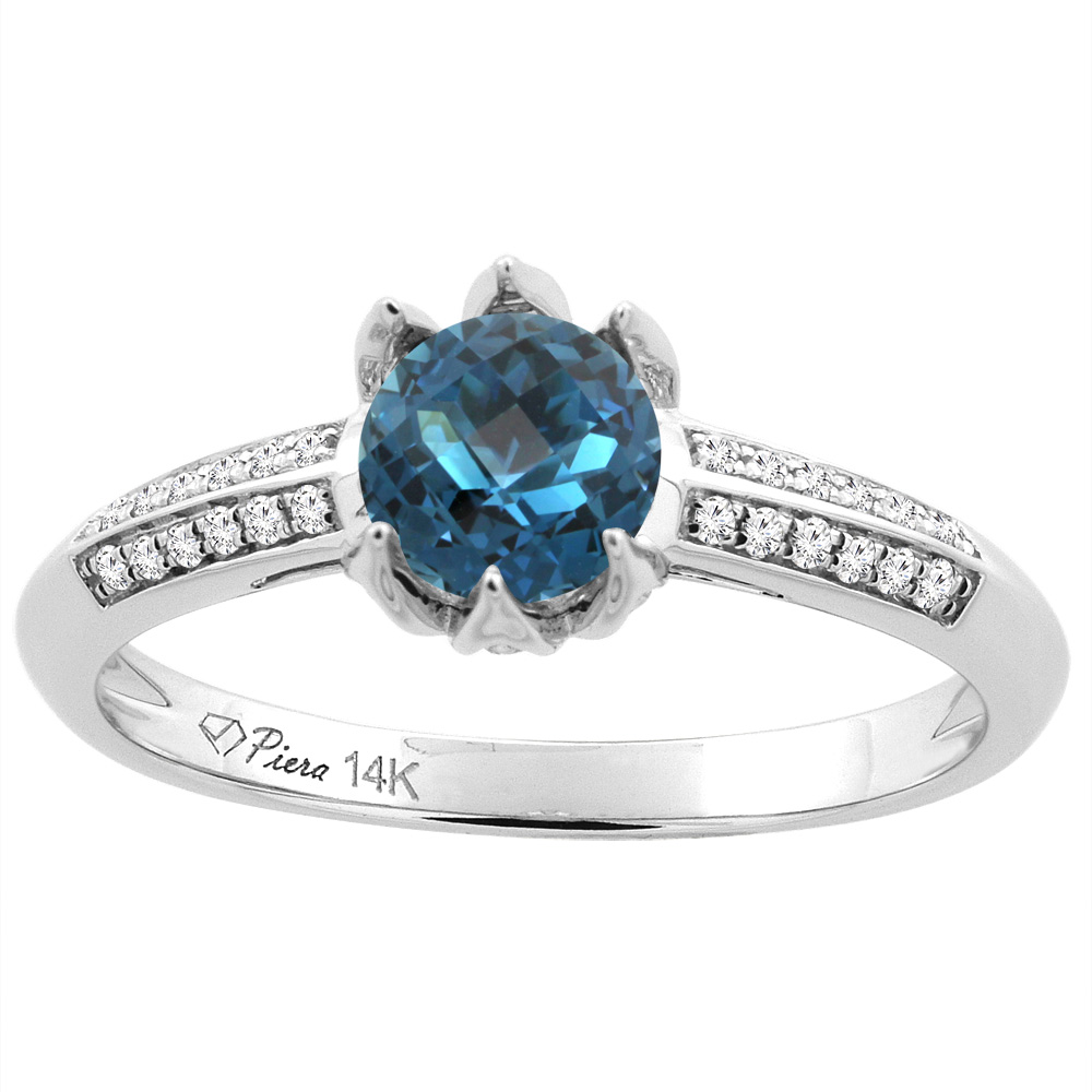 14K White Gold Natural London Blue Topaz Engagement Ring Round 6 mm &amp; Diamond Accents, sizes 5 - 10