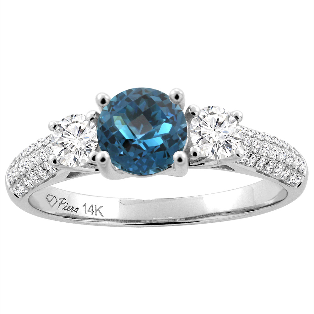 14K White Gold Natural London Blue Topaz Engagement Ring Round 6 mm & Diamond Accents, sizes 5 - 10