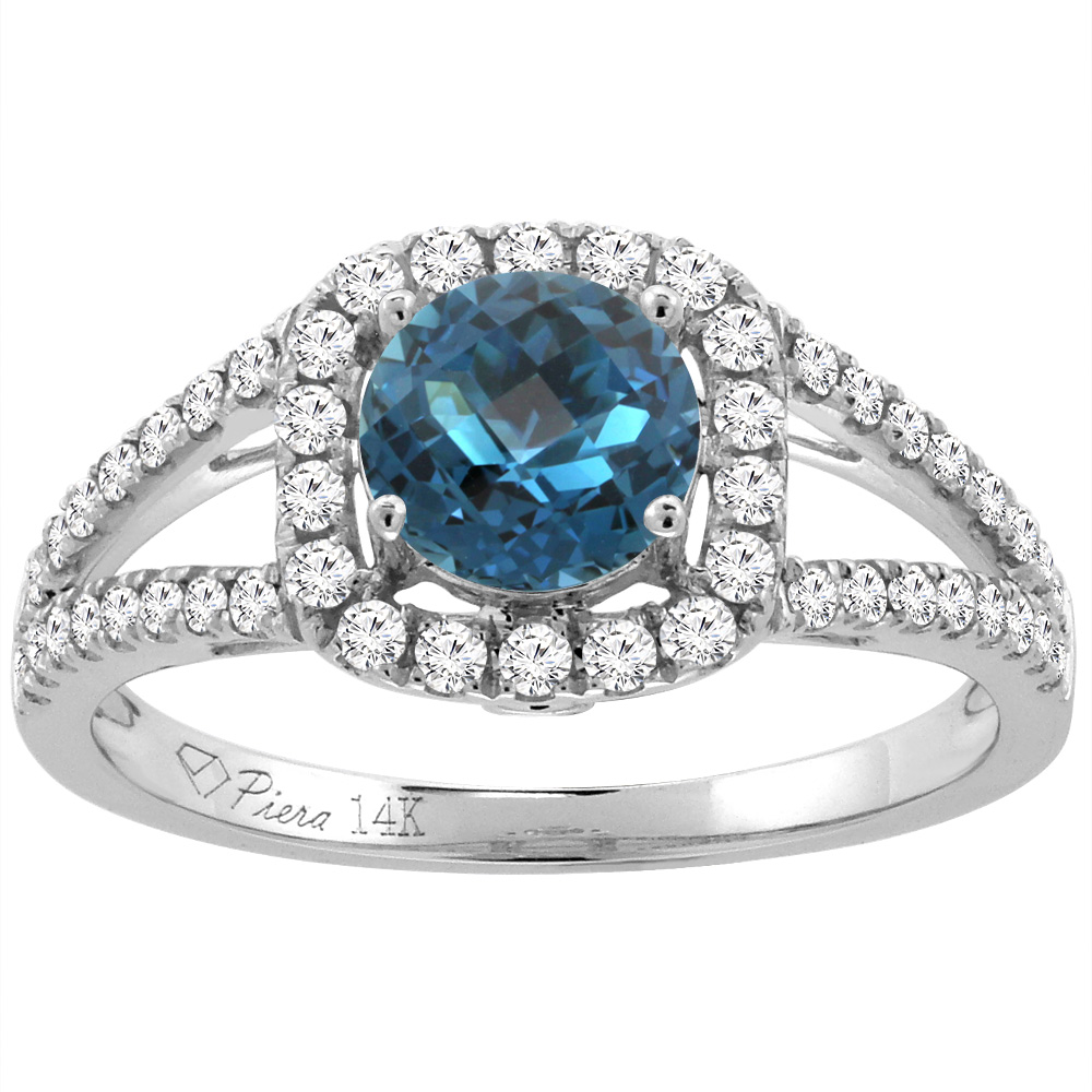 14K White Gold Diamond Natural London Blue Topaz Engagement Halo Ring Round 7 mm, sizes 5-10