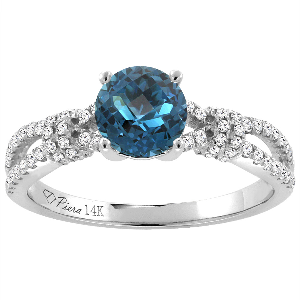 14K White Gold Diamond Natural London Blue Topaz Engagement Ring Round 7 mm, sizes 5-10