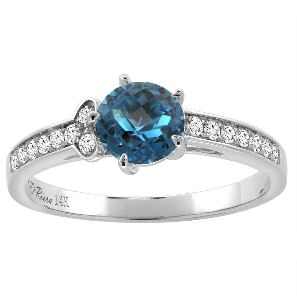 14K White Gold Diamond Natural London Blue Topaz Engagement Ring Round 7 mm, sizes 5-10