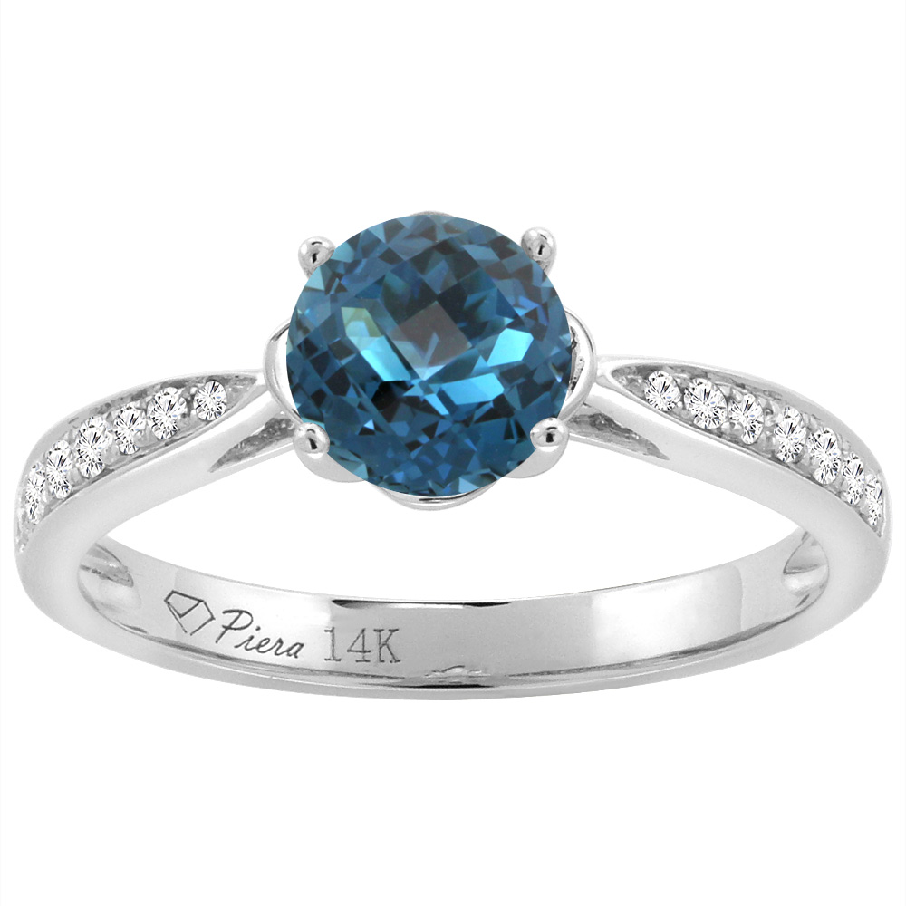 14K Yellow Gold Diamond Natural London Blue Topaz Engagement Ring Round 7 mm, sizes 5-10